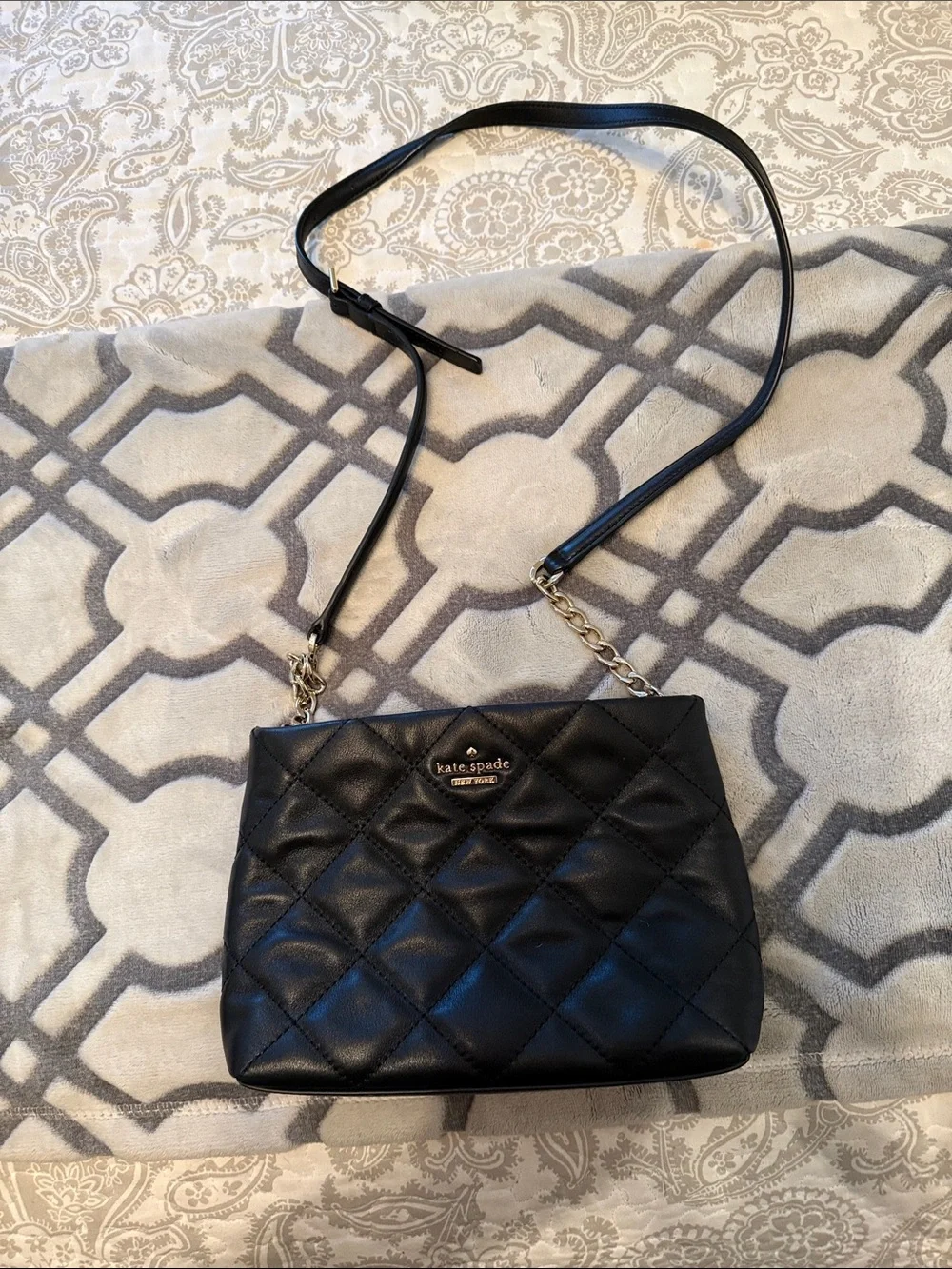 kate spade Black Quilted Leather Crossbody with Gold Chain Accent